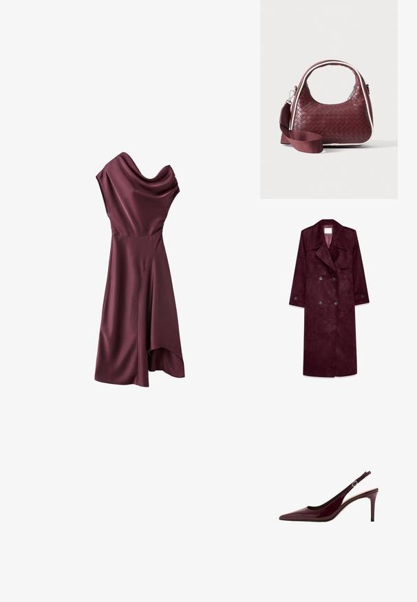Gabardina de ante burdeos, diseño de doble botonadura, gran solapa, bolsillos laterales, puños ajustables, interior sin forro.; Vestido asimétrico sin mangas de satén morado oscuro con escote drapeado y dobladillo irregular.; Zapato de tacón alto slingback de color rojo oscuro brillante con punta afilada y hebilla de correa ajustable sobre fondo blanco.; Bolso de mano de cuero tejido color granate con asa curva, ribete blanco, cremallera plateada y correa desmontable de tela ancha para el hombro sobre fondo liso.