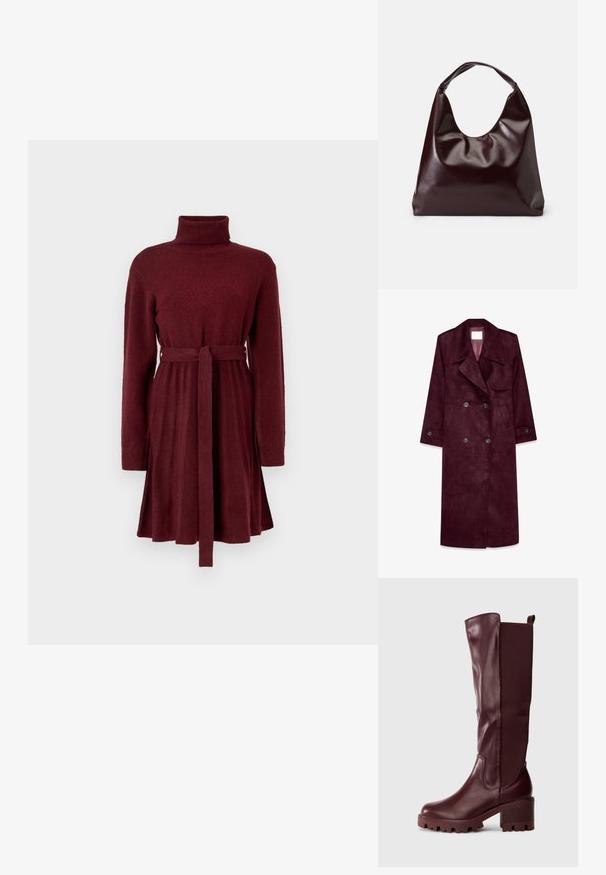 Bordeaux suède trenchcoat, dubbelzijdig design, grote revers, zijzakken, verstelbare manchetten, ongevoerd interieur.; Bordeaux langef Sleeves gebreide jurk met col en strikceintuur, voorzien van een geplooide rok en ribgebreide manchetten op de mouwen.; Bordeauxrode kniehoge laars met glad leer en elastische stof, een blokhak en een gestructureerde zool voor betere grip.; Bordeaux, glanzende vegan leren totebag met een zachte, sculpturale vorm en een brede, gebogen handgreep voor makkelijk dragen.