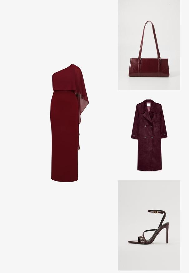 Gabardina de ante burdeos, diseño de doble botonadura, gran solapa, bolsillos laterales, puños ajustables, interior sin forro.; Vestido largo hasta el suelo sin mangas en rojo oscuro con una capa asimétrica que cae sobre un hombro, creando un efecto de capas.; Sandalia de tacón alto de charol burdeos con tira en el tobillo, punta afilada y tres tiras horizontales en el pie. Detalle de hebilla en tono dorado.; Bolso burdeos hecho de material brillante, de forma rectangular, con dos asas para el hombro y sutiles acentos curvados en la parte frontal.