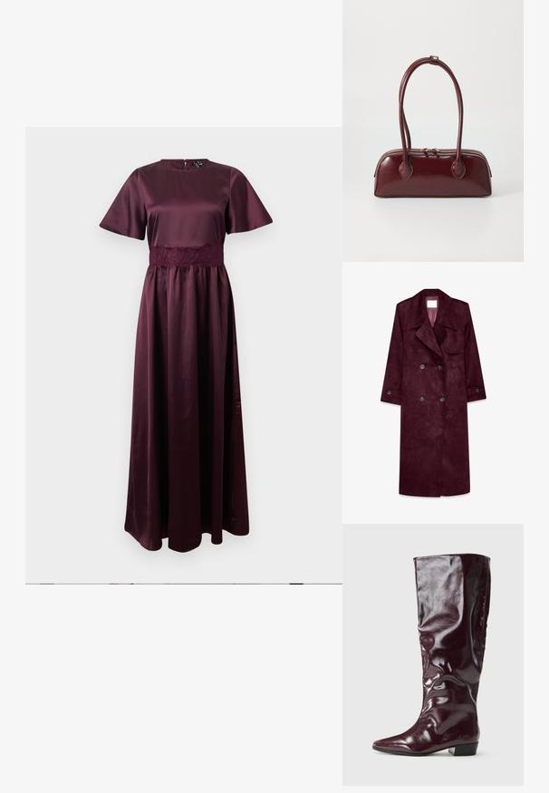 Burgundy ruskind trenchcoat, dobbeltradet design, store kraver, sidelommer, justerbare manchetter, uforet inderside.; Bordeaux maxi kjole lavet af satin. Har korte ærmer, en blonde talje og en glat tekstur med en sidelukning med lynlås. Gulvlængde design.; Knæhøje bordeaux-støvler lavet af blankt syntetisk materiale, med spidse tå og en lav blokhæle med en glat overflade.; Bordeaux læder skuldertaske med en buet form, dobbelt håndtag, lynlås lukning og subtile sømdetaljer. Glat, højglans finish.