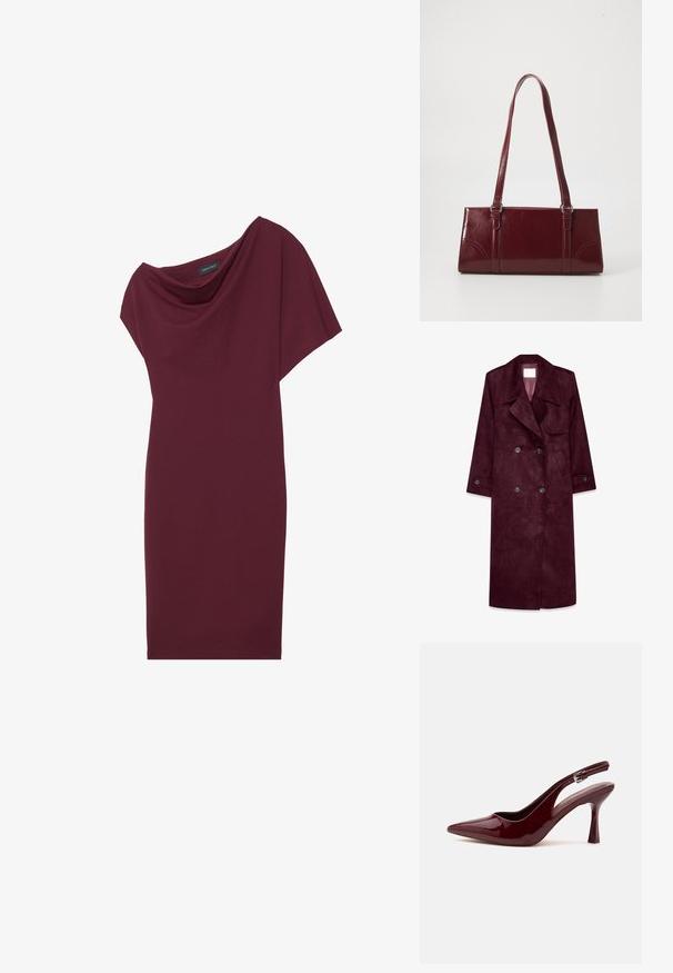 Bordeaux suède trenchcoat, dubbelzijdig design, grote revers, zijzakken, verstelbare manchetten, ongevoerd interieur.; Bordeaux jurk met een gedrapeerde halslijn, korte mouwen en een aansluitende silhouet. Gemaakt van zachte stof met een gladde textuur.; Glanzende donkerrode slingback pump met spitse neus, smalle verstelbare band en taps toelopende naaldhak op witte achtergrond.; Bourgondische handtas van glanzend materiaal, rechthoekige vorm, met twee schouderbanden en subtiele gebogen accenten aan de voorkant.
