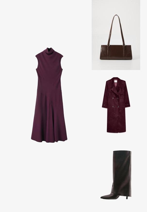 Bordeaux suède trenchcoat, dubbelzijdig design, grote revers, zijzakken, verstelbare manchetten, ongevoerd interieur.; Mouwloze donkerpaarse jurk met hoge hals, nauwsluitend lijfje en wijde rok, met diagonale naaddetails en knoopsluiting bij de hals.; Hoge zwarte leren laars met een puntige neus en een smalle middenhoge hak op een witte achtergrond.; Bruine lakleren handtas met een rechthoekige vorm, twee lange handvatten en subtiele gebogen accenten aan de voorkant.