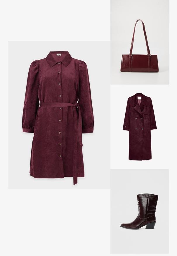 Manteau trench en daim bourgogne, design double boutonnage, grande col, poches latérales, poignets ajustables, intérieur non doublé.; Robe en velours côtelé bordeaux avec un col, des manches longues bouffantes, un devant à boutons et une ceinture assortie à la taille.; Bottines en cuir bourgogne avec un bout pointu, une surface texturée et un petit talon effilé. Présente une couture discrète et un ajustement confortable.; Sac à main bordeaux en matériau brillant, de forme rectangulaire, avec deux anses et des accents légèrement courbés à l'avant.