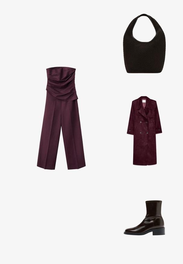 Burgunderfarbener Wildleder-Trenchcoat, doppelt knöpfbares Design, große Revers, seitliche Taschen, verstellbare Bündchen, ungefüttertes Innenfutter.; Trägerloser Pflaumen-Jumpsuit mit gerafftem, gefaltetem Oberteil und weitem Hosenbein, vor weißem Hintergrund präsentiert.; Dunkelbrauner Lederknöchelstiefel mit quadratischer Spitze, niedrigem Blockabsatz und gestepptem Detail entlang des oberen Randes, seitlich gezeigt.; Schwarze offene Mesh-Tasche mit rundem oberen Griff und breitem, geschwungenem Körper.