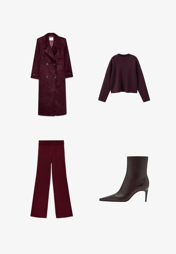 Burgunderfarbener Wildleder-Trenchcoat, doppelt knöpfbares Design, große Revers, seitliche Taschen, verstellbare Bündchen, ungefüttertes Innenfutter.; Bordeauxroter Strickpullover mit kurzem Schnitt, geripptem Rundhalsausschnitt und langen Ärmeln. Weiche Textur und lockere Passform, minimalistisches Design.; Dunkelrote, weite Hose mit elastischem Bund, hergestellt aus einem weichen, strukturierten Stoff.; Braune Lederstiefelette mit spitzem Zeh, schlankem Schaft und dünnem, hohem Absatz. Glatte Textur, minimalistisches Design, keine sichtbaren Beschläge.