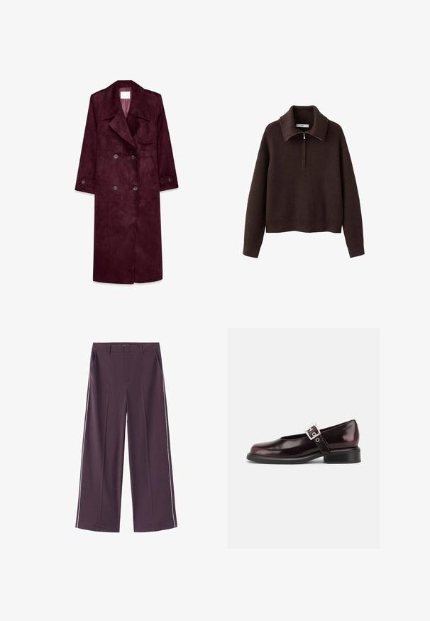 Bordeaux suède trenchcoat, dubbelzijdig design, grote revers, zijzakken, verstelbare manchetten, ongevoerd interieur.; Bruine geribbelde trui met hoge kraag en halfhoge ritssluiting. Heeft een losse pasvorm en een zachte textuur.; Wijduitlopende broek van dieppaarse stof met witte zijkanten, uitgerust met zakken aan de voorkant en een rechte tailleband.; Enkele glanzende donker bordeauxrode Mary Jane schoen met brede band en zilveren gesp, lage blokhak en afgeronde neus op witte achtergrond.