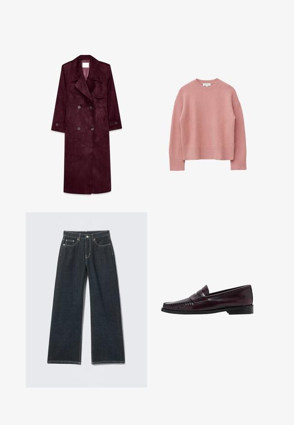 Burgundy ruskind trenchcoat, dobbeltradet design, store kraver, sidelommer, justerbare manchetter, uforet inderside.; Pink strikket sweater med ribbet kant og manchetter, rund hals og oversized pasform. Blød tekstur med en fint vævet finish.; Mørkeblå jeans med vide ben, foran med knapper, lynlås, bæltestropper og fem-lomme detalje på en ensfarvet lys baggrund.; Mænds mørkebrune læder penny loafers med sort sål og syning langs tåen, vist i sideprofil.