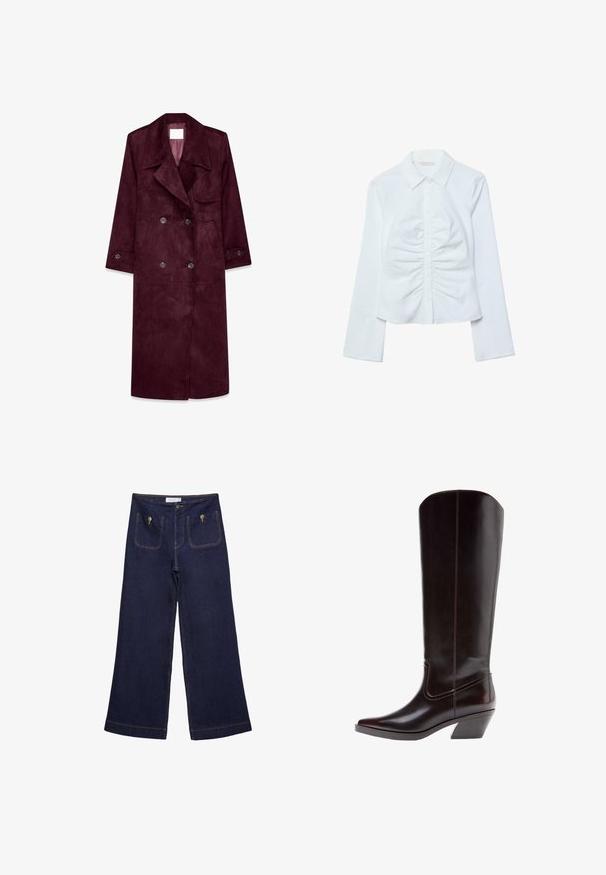 Burgunderfarbener Wildleder-Trenchcoat, doppelt knöpfbares Design, große Revers, seitliche Taschen, verstellbare Bündchen, ungefüttertes Innenfutter.; Weißes langärmliges Hemd mit Knopfleiste, spitzem Kragen und gerafften Details entlang der vorderen Mitte.; Dunkelblaue Jeans mit weitem Bein aus Denim, zwei vorderen Taschen, sichtbaren Nähten und einem Knopfverschluss. Sie haben einen geraden Schnitt und einen ausgefransten Saum.; Brauner, knielanger Lederstiefel mit leichtem Absatz, spitzer Spitze, kontrastierenden Nähten und glatter Textur. Verfügt über ein elegantes, eng anliegendes Design.