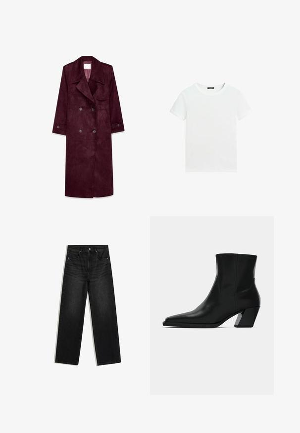 Burgunderfarbener Wildleder-Trenchcoat, doppelt knöpfbares Design, große Revers, seitliche Taschen, verstellbare Bündchen, ungefüttertes Innenfutter.; Schlichtes weißes T-Shirt mit kurzen Ärmeln, rundem Halsausschnitt und einem kleinen schwarzen Etikett innen am Kragen.; Schwarze Jeans mit geradem Bein, Vordertaschen, Gürtelschlaufen und Knopfverschluss, vor weißem Hintergrund gezeigt.; Schwarze Leder-Stiefelette mit spitzem Zeh, schlanker Silhouette und klobigem quadratischem Absatz. Glatte Textur mit minimalen Nähdetails.