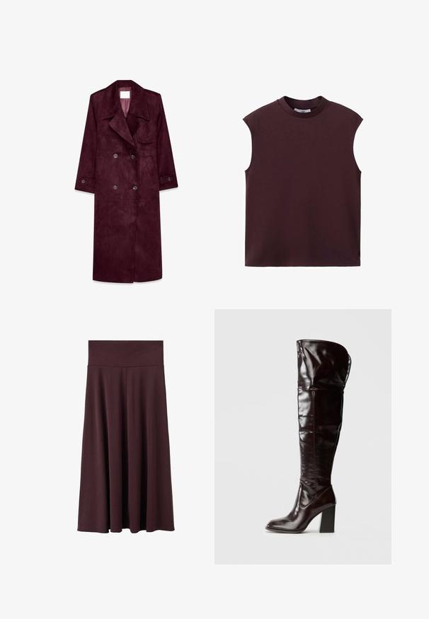 Burgunderfarbener Wildleder-Trenchcoat, doppelt knöpfbares Design, große Revers, seitliche Taschen, verstellbare Bündchen, ungefüttertes Innenfutter.; Ärmelloses, dunkelbraunes Top mit Rundhalsausschnitt, lockerer Passform und schlichtem, schlichtem Design, präsentiert vor weißem Hintergrund.; Midirock in kastanienbraun aus weichem Stoff mit breitem, elastischem Bund. Verfügt über ein fließendes Design, das zum Saum hin leicht schmaler wird.; Kniehohe, glänzende Stiefel aus burgunderfarbenem Leder mit quadratischer Spitze und Blockabsatz, mit einem lässigen Design und minimalen Nähten.