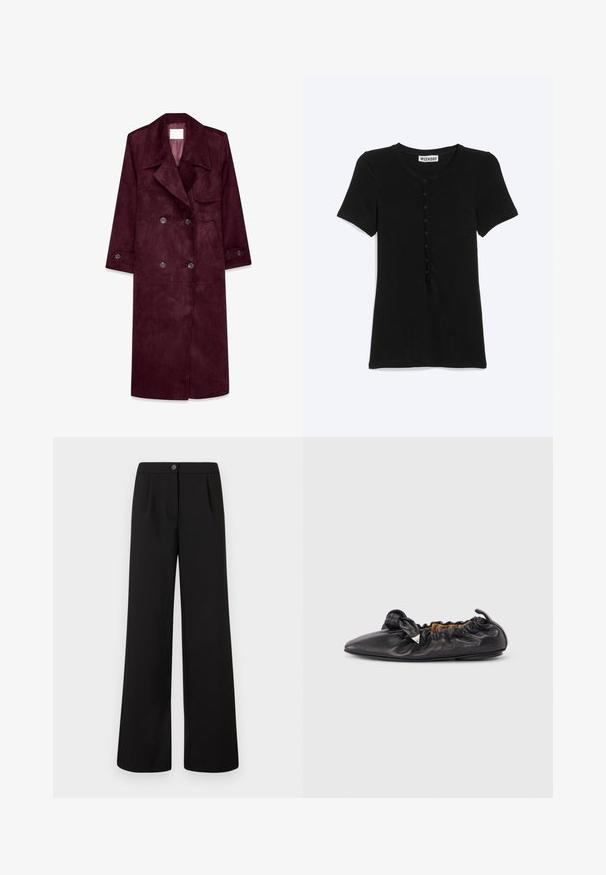 Bordeaux suède trenchcoat, dubbelzijdig design, grote revers, zijzakken, verstelbare manchetten, ongevoerd interieur.; Zwart shirt met korte mouwen, ronde halslijn en knoopsluiting aan de voorkant, met het label "Weekday", afgebeeld tegen een effen witte achtergrond.; Zwarte high-waist wijde broek met een sluiting aan de voorkant met knoop en rits, met subtiele plooien onder de tailleband.; Zwarte leren balletflat met geplooide details, een spitse neus en een kleine metalen driehoekige versiering aan de zijkant, platte zool.