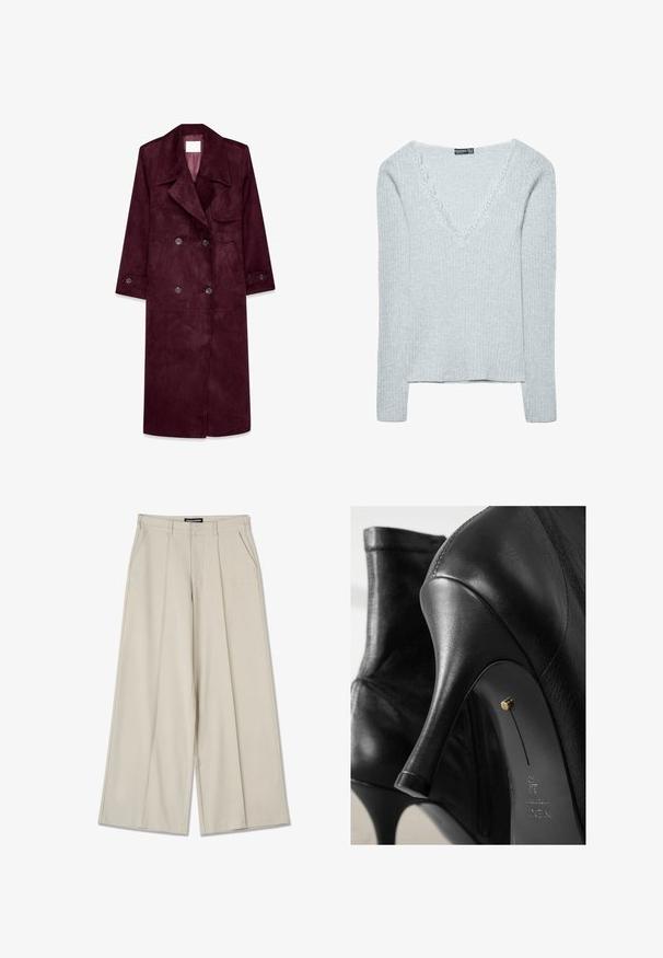 Burgundy ruskind trenchcoat, dobbeltradet design, store kraver, sidelommer, justerbare manchetter, uforet inderside.; Lysegrå ribstrikket sweater med V-hals og blonderkant. Lange ærmer og let cropped længde. Blød tekstur, afslappet design.; Beige vide bukser med frynser foran, to sidelommer og mærkenavnet "PEGADOR" broderet foran. Glat tekstur.; Sorte læder ankelstøvler med hæl har et elegant design med spids tå, høj stilettohæls og et lille dekorativt guldaccent.