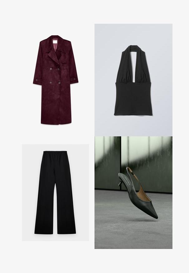 Burgundy ruskind trenchcoat, dobbeltradet design, store kraver, sidelommer, justerbare manchetter, uforet inderside.; Sort ærmeløs haltertop med samlet stof ved brystet og en bred bånd ved taljen, vist på en flad lys grå baggrund.; Sorte vidde bukser med elastisk linning, lige skåret og glat stof, vist fladt mod en lys baggrund.; Sort slingback sko med spidset tå og lille hæl med tynd rem og "ANNA FIELD" mærke på indersålen, mod en sløret grå baggrund.