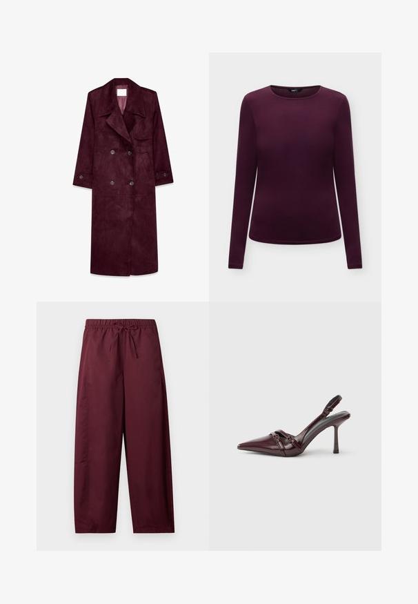 Gabardina de ante burdeos, diseño de doble botonadura, gran solapa, bolsillos laterales, puños ajustables, interior sin forro.; Camisa ajustada de mujer de manga larga en morado oscuro con cuello redondo sobre fondo claro uniforme.; Pantalones sueltos color granate con cintura elástica y cordón ajustable, piernas rectas, sin bolsillos visibles ni estampados.; Zapato de tacón slingback de charol burdeos con puntera puntiaguda, fina correa en el tobillo y pequeño detalle decorativo de hebilla. Textura suave y tacón alto.