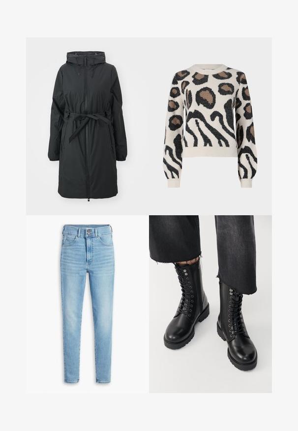 Zwarte, lange pufferjas met een trekkoordkap, rits aan de voorkant en een ceintuur in de taille. Heeft elastische manchetten en een gladde textuur.; JDY LORRAINE - Trui - cement; Levi's® RETRO HIGH SKINNY DOUBLE BUTTON - Jeans Skinny Fit - straight out of levi's�; Zwarte enkelboots met een zachte leren afwerking, vetersluiting aan de voorkant en een zijrits. Chunky zool en gedetailleerde veterogen voegen textuur toe.