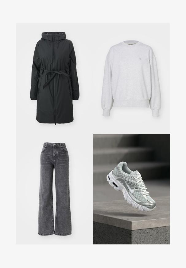 Abrigo de plumas largo y negro con capucha ajustable, cremallera frontal y cintura ceñida. Presenta puños elásticos y una textura suave.; Carhartt WIP CASEY - Sudadera - ash heather/silver; Pantalones de mezclilla gris de pierna ancha con cintura alta, que presentan un diseño tradicional de cinco bolsillos y un acabado sutilmente desteñido.; Zapato de running Nike gris claro y blanco con tejido de malla y suela gruesa que flota sobre un saliente de hormigón frente a un fondo desenfocado de escaleras.