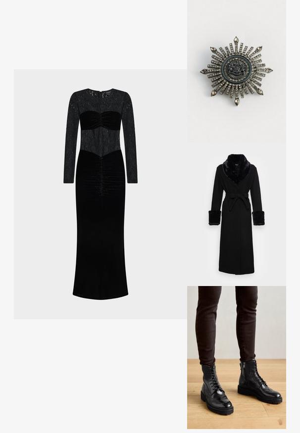 Zwarte robe met een nep bont sjaalkraag en manchetten, ceintuur in de taille, lange mouwen en een rechte zoom. Soepele textuur, elegante uitstraling.; Zwarte jurk met een kanten top met lange mouwen en een fluwelen lijfje met geplooide details. Tot op de vloer reikend met een rechte silhouet.; Zwarte leren enkellaarsjes met brogue-details, een vetersluiting aan de voorkant, ritsen aan de zijkant en gestructureerde rubberen zolen. Gecombineerd met donkere slim-fit broek.; Stervormige broche van zilverkleurig metaal met transparante rhinestones. Het centrale ontwerp heeft een ronde embleem met complexe details.