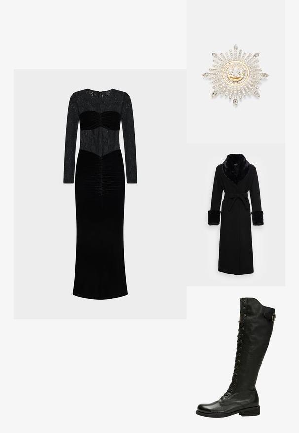 Zwarte robe met een nep bont sjaalkraag en manchetten, ceintuur in de taille, lange mouwen en een rechte zoom. Soepele textuur, elegante uitstraling.; Zwarte jurk met een kanten top met lange mouwen en een fluwelen lijfje met geplooide details. Tot op de vloer reikend met een rechte silhouet.; Zwarte leren kniehoog laars met vetersluiting aan de voorkant, zilveren oogjes en een bucklet aan de zijkant. Heeft een gestructureerde afwerking en een gestapelde hak.; Zilveren broche met een zonnestraalontwerp, voorzien van heldere rhinestones en een goudaccentueercentrum met een embleem.