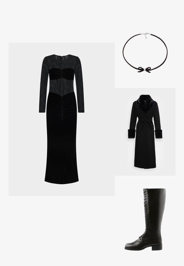 Schwarzer Umhang mit einem Kragen und Bündchen aus Kunstfell, tailliert, langen Ärmeln und geradem Saum. Glatte Textur, elegantes Design.; Schwarzes Kleid mit Spitzentop und langen Ärmeln sowie einem Samtoberteil mit gerafften Details. Bodenlang mit geradem Schnitt.; Schwarze Lederstiefel bis zum Knie mit Schnürung, runder Spitze und Blockabsatz, in glatter Textur und ohne sichtbare Muster.; Schwarzer Wildleder-Choker mit einer kleinen zentralen Silberperle und einem Schleifendetail, ausgestattet mit einem einfachen Verschluss und einer verstellbaren Kette.