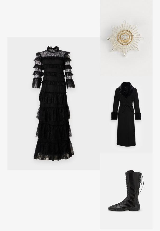 Zwarte robe met een nep bont sjaalkraag en manchetten, ceintuur in de taille, lange mouwen en een rechte zoom. Soepele textuur, elegante uitstraling.; Zwarte kanten jurk met laagjes ruffles. Hoge halslijn en doorzichtige, lange mouwen. Gestructureerde stof met ingewikkelde details en een gelaagd ontwerp.; Zwarte hoge laarzen van glanzend synthetisch materiaal, met een ingewikkeld vetersluiting ontwerp en diagonale streepaccenten aan de zijkanten.; Gouden en zilveren broche in de vorm van een zonnestraal, met een centrale heldere edelsteen en stralende rijen van kleine heldere kristallen, met druppelaccenten.