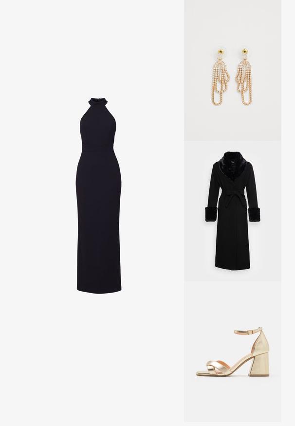 Zwarte robe met een nep bont sjaalkraag en manchetten, ceintuur in de taille, lange mouwen en een rechte zoom. Soepele textuur, elegante uitstraling.; Zwarte mouwloze halternek lange jurk met getailleerde taille en recht vallende, tot op de vloer reikende rok.; Gouden metallic hoge sandalen met een blokhak, open teen en een crisscross bandontwerp. De enkelband heeft een gespsluiting.; Goudkleurige oorbellen met meerdere hangende kettingen, versierd met heldere rhinestones en een transparante achtergrond voor veilige bevestiging.