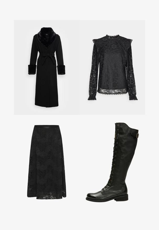 Schwarzer Umhang mit einem Kragen und Bündchen aus Kunstfell, tailliert, langen Ärmeln und geradem Saum. Glatte Textur, elegantes Design.; PIECES Tall PCOLLINE - Bluse - black; Schwarzer Spitzenrock mit ausgestelltem Design. Verfügt über ein florales Muster, eine strukturierte Oberfläche und einen taillierten Bund. Die Länge reicht bis zur Mitte der Waden.; Schwarze Leder-Knöchelstiefel mit Schnürung vorne, silbernen Ösen und seitlichem Schnallenverschluss. Verfügt über eine strukturierte Oberfläche und einen gestapelten Absatz.