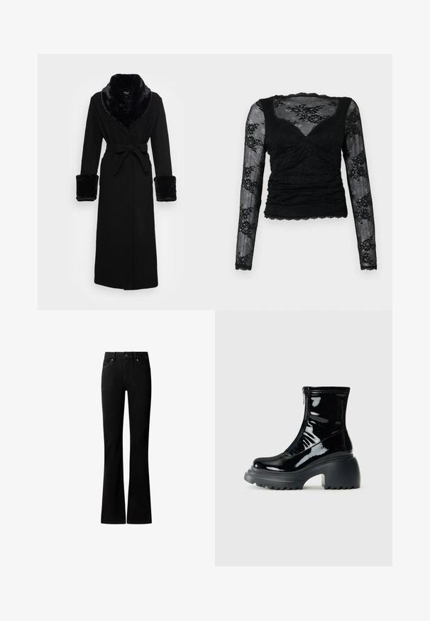 Zwarte robe met een nep bont sjaalkraag en manchetten, ceintuur in de taille, lange mouwen en een rechte zoom. Soepele textuur, elegante uitstraling.; Zwarte top met lange mouwen van kant, met een gerimpeld ontwerp en gegolfde randen, met bloemmotieven op de mouwen en een V-halslijn.; Zwarte jeans met hoge taille, een aansluitende taille, een knoopsluiting aan de voorkant en licht uitlopende pijpen, getoond tegen een witte achtergrond.; Glanzende zwarte enkelboot op een platform met een ronde neus, chunky hak, ritssluiting en dikke gegroefde zool tegen een witte achtergrond.