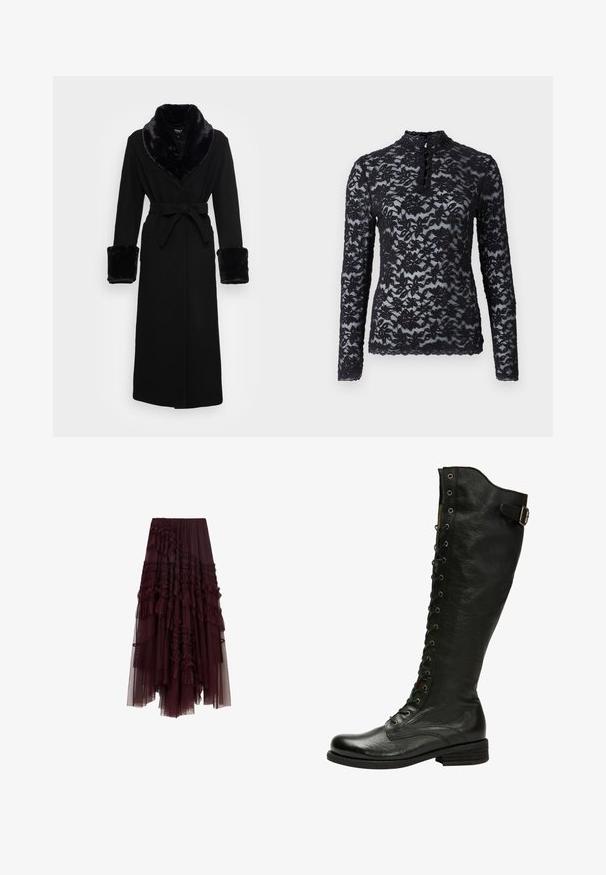 Sort kappe med krave og manchetter i faux pels, bælte i taljen, lange ærmer og lige kant. Glat tekstur, elegant design.; Rosemunde Langærmet T-shirt - black; Bordeaux tylskørt med rynkede lag, elastisk talje og varierende længder, der har en blød, let tekstur.; Sorte læder knæhøje støvler med snørebånd foran, sølvøjer og sidebælte. Har en tekstureret overflade og stablet hæl.