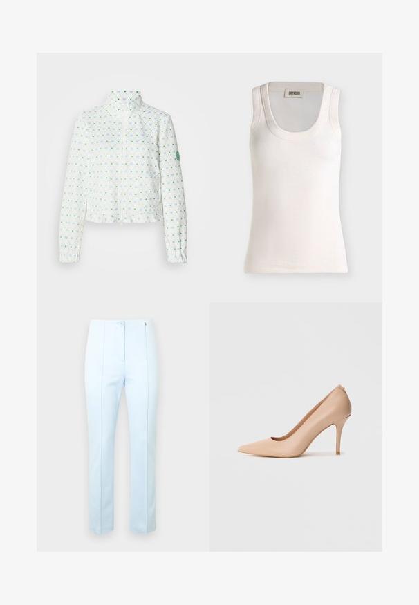 Veste blanche courte avec un col montant, présentant un motif en losanges composé de cœurs bleus et verts, des poignets élastiques et une fermeture zippée à l'avant.; Débardeur blanc côtelé sans manches avec encolure dégagée et étiquette de la marque Drykorn à l'intérieur du col.; Pantalon bleu clair sur mesure avec une texture lisse, doté de deux boutons à l'avant, de poches latérales et de coutures verticales discrètes pour la mise en forme.; Escarpin à talon haut en cuir beige avec un bout pointu, une texture lisse et un talon aiguille fin. Design minimaliste avec un style à enfiler.