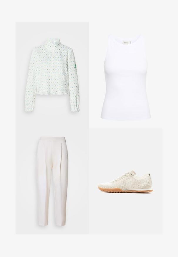 Veste blanche courte avec un col montant, présentant un motif en losanges composé de cœurs bleus et verts, des poignets élastiques et une fermeture zippée à l'avant.; Débardeur blanc côtelé avec un col rond et sans manches. Tissu extensible et design ajusté. Étiquette au dos indiquant "GESTUZ."; Pantalons cintrés de couleur crème avec une texture lisse, dotés de plis avant et d'un design épuré. Pas de poches ni de matériel visible.; Baskets en mesh beige clair avec lacets, semelle en caoutchouc à motif zigzag, et logo brodé discret sur le côté, vues de profil gauche.