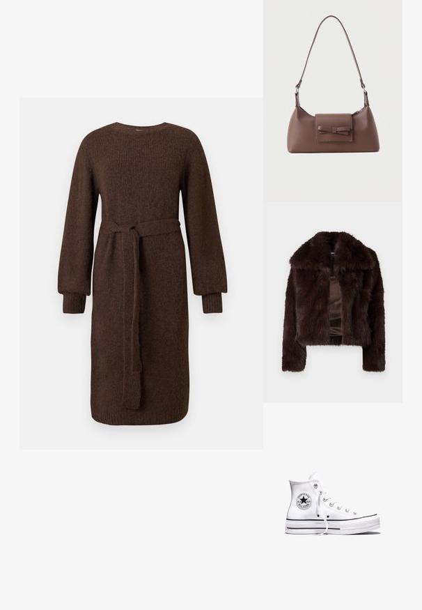 Veste en fausse fourrure marron avec un large col, design court et texture douce. Doublure en satin sans fermetures ni embellissements visibles.; Robe en tricot brun à manches longues avec des poignets côtelés et une ceinture à nouer amovible, longueur genou, col rond simple.; Baskets blanches montantes Converse Chuck Taylor All Star avec des rayures noires et un patch logo sur le côté, présentées sur un fond blanc uni.; Sac à bandoulière en cuir marron avec une poche à rabat avant ornée d'un détail en forme de nœud cousu et une sangle réglable.