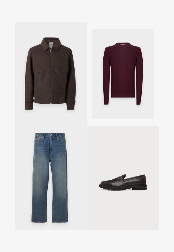 Veste zippée en laine marron avec col, poignets et ourlet côtelés, et deux poches avant, présentée sur un fond blanc.; Pull en tricot bordeaux à manches longues, texture côtelée, et encolure ronde. Petit logo sur la poitrine gauche.; Jean en denim bleu à jambe droite avec une légère décoloration, design à cinq poches, passants de ceinture et fermeture à bouton à l'avant.; Mocassin penny en cuir et daim marron foncé avec semelle épaisse en caoutchouc noir, profil latéral sur fond blanc.