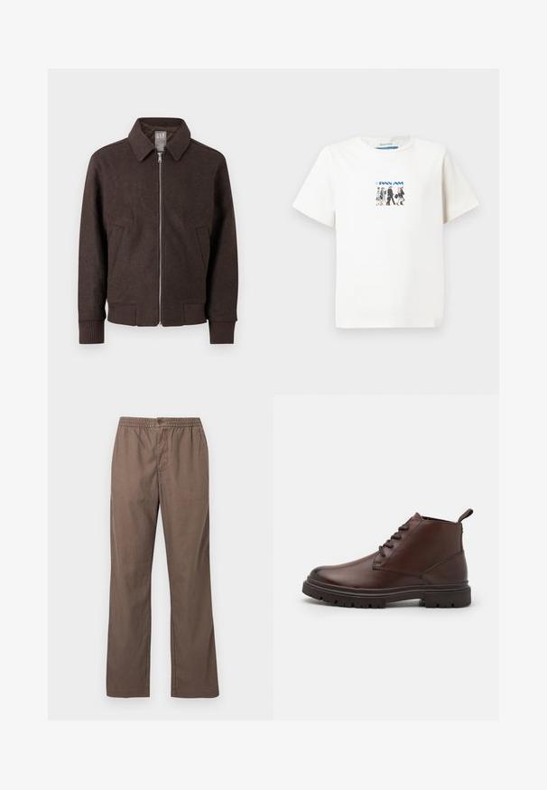 Veste zippée en laine marron avec col, poignets et ourlet côtelés, et deux poches avant, présentée sur un fond blanc.; T-shirt blanc à manches courtes avec un petit graphique représentant cinq membres de l'équipage de vol de Pan Am marchant et le logo de Pan Am en bleu.; Pantalon casual marron avec taille élastique, fermeture à bouton, jambes droites et poches avant, présenté sur un fond blanc uni.; Zign Bottines à lacets - dark brown
