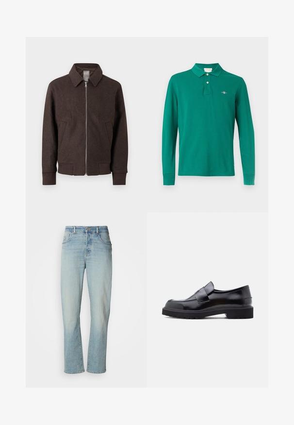 Veste zippée en laine marron avec col, poignets et ourlet côtelés, et deux poches avant, présentée sur un fond blanc.; Polo à manches longues vert en coton. Il présente un col à revers, une patte de boutonnage à deux boutons et un logo brodé sur la poitrine.; Jeans en denim bleu clair avec une coupe droite, cinq poches et une décoloration subtile. Confectionnés avec un classique système de bouton et fermeture éclair.; Chaussure noire en cuir à enfiler avec un design épuré, bout rond et semelle épaisse en caoutchouc texturé. Présente une sangle décorative à l'avant.