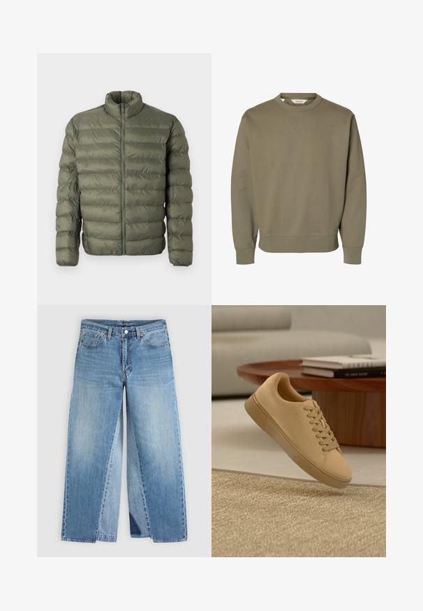 Veste matelassée en vert olive, avec manches longues, col montant et fermeture éclair à l'avant.; Sweat-shirt uni vert olive à col rond avec manches longues et poignets et ourlet côtelés.; Jean droit en denim bleu avec un design classique à cinq poches et une fermeture à boutons à l'avant, présenté à plat sur un fond neutre.; Baskets beiges à lacets flottant au-dessus d'un tapis texturé avec une table basse en bois et des livres empilés en arrière-plan flou.