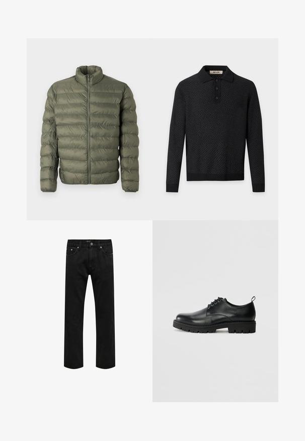 Veste matelassée en vert olive, avec manches longues, col montant et fermeture éclair à l'avant.; Polo noir à manches longues avec motif texturé, poignets et ourlet côtelés, et patte de boutonnage à trois boutons sur fond gris clair.; Jean en denim noir à jambes droites avec un design classique à cinq poches et une fermeture par bouton à la taille, présenté à plat sur un fond blanc.; Chaussure en cuir noir à bout arrondi, présentant un design à lacets, une semelle en caoutchouc noire robuste et un petit onglet de talon à l'arrière.