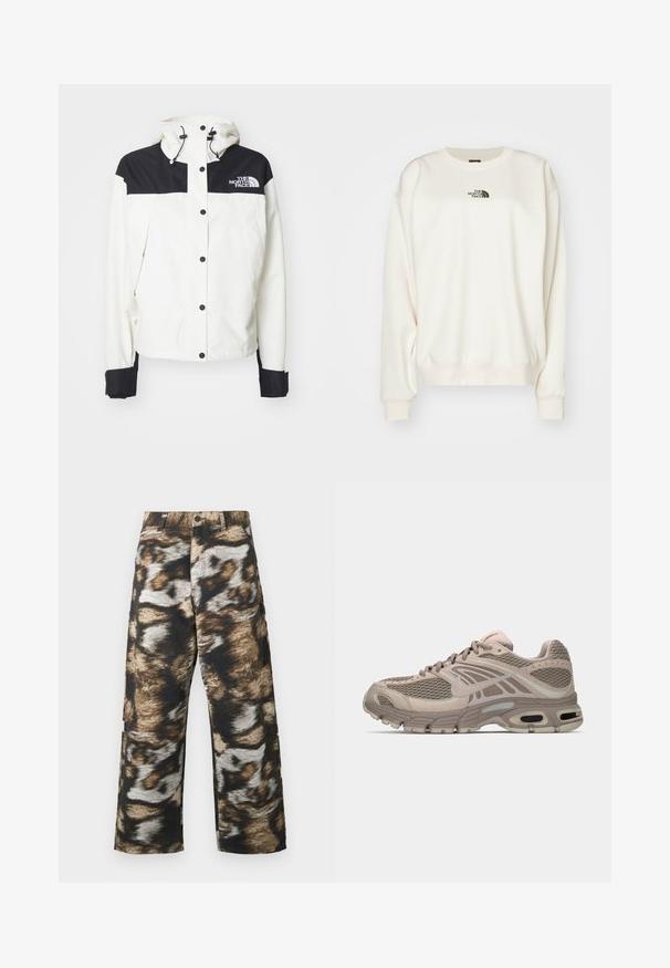 Hvid jakke med en sort overlåsning og skuldre, der har hætte, trykknapper og sorte manchetter. The North Face-logoet er på brystet.; The North Face ESSENTIAL OVERSIZE CREW - Sweatshirt - white dune; Viddebenede bukser med et fedt, abstrakt mønster i sort, brun og creme. Fremstillet af tekstureret stof med høj talje.; Beige sportssko med mesh-overdel, formede detaljer, rund tå og synlig luftdækning i sålen. Snørebånd i neutral farve.