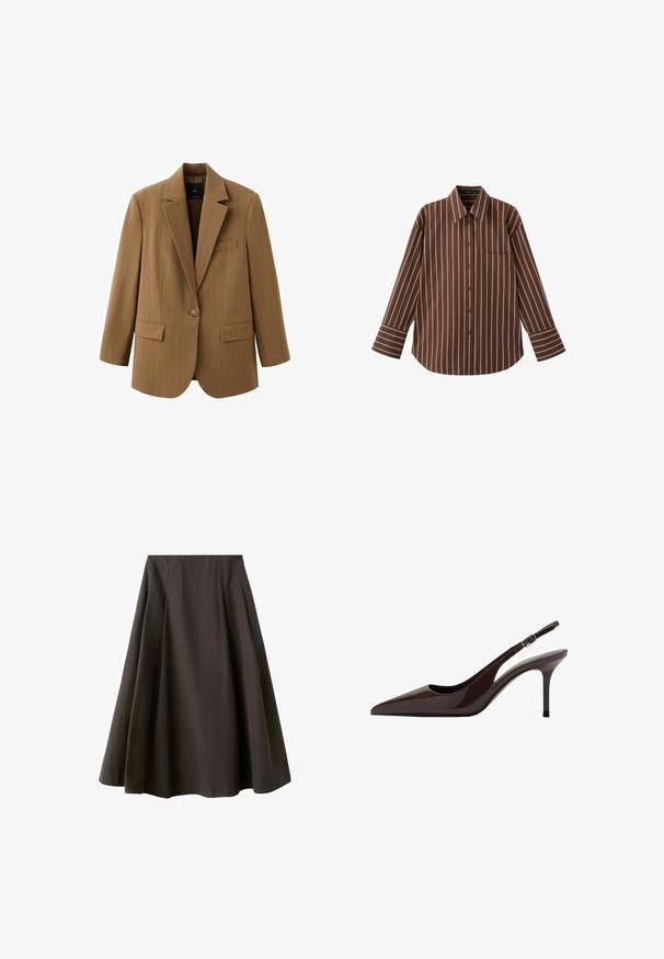 Blazer marron à bouton unique avec fines rayures, revers crantés, deux poches avant à rabat et une poche poitrine passepoilée.; Chemise marron à manches longues avec boutons et rayures verticales blanches, dotée d'une poche poitrine, posée à plat sur un fond blanc.; Jupe noire trapèze à taille haute avec ourlet évasé, fabriquée en tissu lisse, présentée sur fond blanc.; Talons slingbacks en cuir verni marron avec un bout pointu, un talon fin et une bride réglable. Texture lisse et finition brillante.