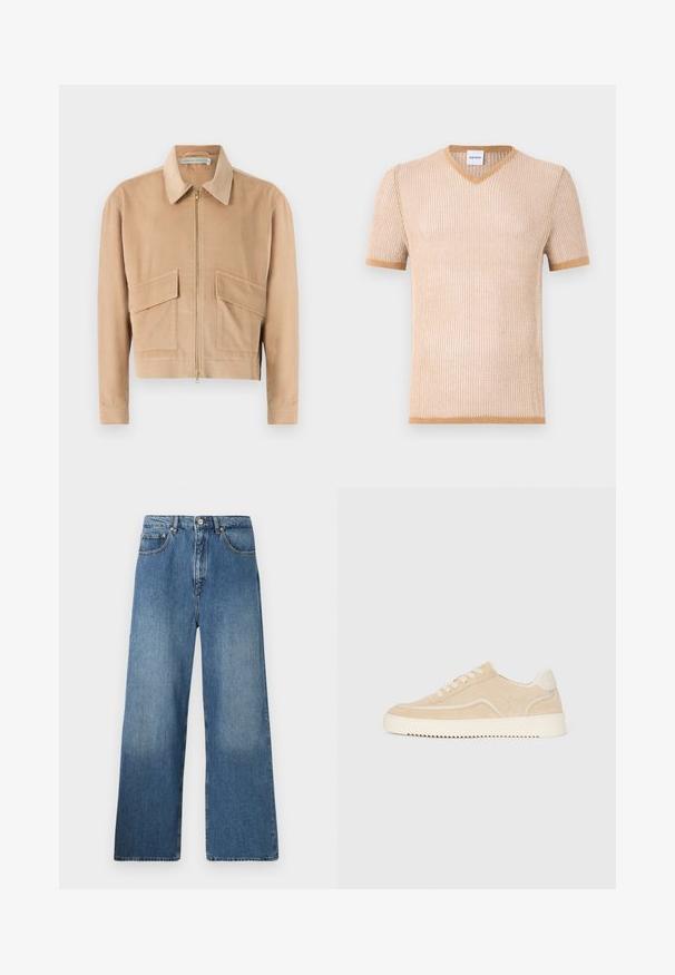 Beige Cordjacke mit Reißverschluss front, langen Ärmeln, einem Kragen und zwei Fronttaschen. Mit strukturierter Stoff und einem cropped Design.; Beige gestricktes Kurzarm-V-Ausschnitt-T-Shirt mit gerippter Textur und kontrastierendem braunem Saum entlang des Kragens und der Ärmel.; Breite blaue Denim-Jeans mit klassischem Fünf-Taschen-Design, Knopfverschluss vorne und leichtem Verblassen für Textur.; Beige Wildlederschuh mit weißer Sohle und Schnürsenkeln, niedrig geschnittenes Design und Zickzackprofil auf der Sohle.