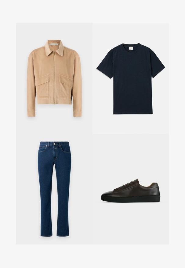 Beige Cordjacke mit Reißverschluss front, langen Ärmeln, einem Kragen und zwei Fronttaschen. Mit strukturierter Stoff und einem cropped Design.; Ein einfarbiges, dunkelblaues Kurzarm-T-Shirt mit Rundhalsausschnitt und kleinem eingeprägtem Logo nahe dem unteren Saum.; Dunkelblaue Denim-Jeans mit einem schlanken, geraden Bein, klassischem Fünf-Taschen-Design und einem Knopfverschluss am Bund.; Flach geschnittener dunkelbrauner Ledersneaker mit schwarzer Gummisohle, Schnürung vorne und schlicht-minimalistischem Design auf hellem Hintergrund.