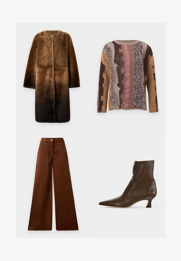 Brun faux fur frakke med rund halsudskæring, lange ærmer og en ombre-effekt, der skifter fra lys til mørk brun. Blød tekstur.; Flerfarvet strikket sweater med lodrette striber i pink, brun, beige og tan samt teksturerede mønstre, herunder frynser og metalliske tråde.; Brune kordfløjs bredbenede bukser med høj talje, med en frontknaplukning og to forlommer. Blød tekstur med lodrette ribber.; Brun læderankelstøvle med spids tå og lav buet hæl på en lys baggrund.