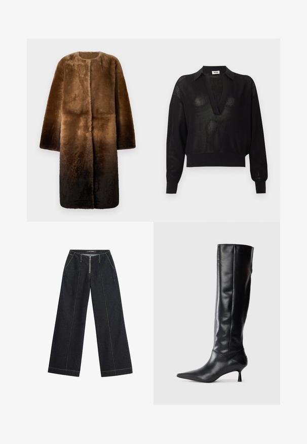 Brun faux fur frakke med rund halsudskæring, lange ærmer og en ombre-effekt, der skifter fra lys til mørk brun. Blød tekstur.; Sort langærmet striktrøje med dyb V-hals og ribstrikkede manchetter og kant, med en semi-gennemsigtig meshstruktur over det hele.; Mørk denim bredbenede bukser med gul kontrastsyning og en lynlåslukning foran. To sidelommer og en let struktureret pasform.; Sorte læder knæhøje støvler med spids tå og slank buet hæl. Glat tekstur, tætsiddende design og ingen synlig hardware eller mønstre.