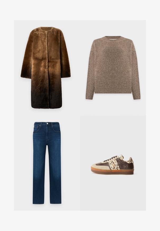 Brun faux fur frakke med rund halsudskæring, lange ærmer og en ombre-effekt, der skifter fra lys til mørk brun. Blød tekstur.; Brun og beige ribstrikket sweater med lange ærmer og rund hals, vist mod en ensfarvet lys baggrund.; Mørkeblå denimjeans med lige snit, der har lynlås, fem lommer og kontrasterende syninger over det hele.; Lædersneakers med en tan og brun farvekombination, prydet med en leopardprint detalje på siden og en struktureret gummisål.