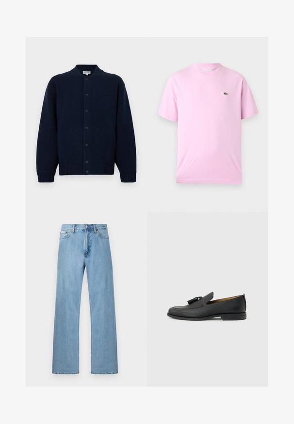 Cardigan tricoté marine avec un col côtelé, fermeture à boutons sur le devant et poches latérales. Présente un logo discret sur la poitrine gauche.; T-shirt à manches courtes rose clair avec col rond et petit logo crocodile vert sur la poitrine gauche, présenté sur un fond neutre.; Jean en denim bleu clair coupe droite à cinq poches avec fermeture à boutons à la taille, présenté sur un fond uni.; Mocassin pour homme en cuir noir avec pompons, bout arrondi, petit talon et languette à l'arrière, présenté de profil sur un fond gris clair.