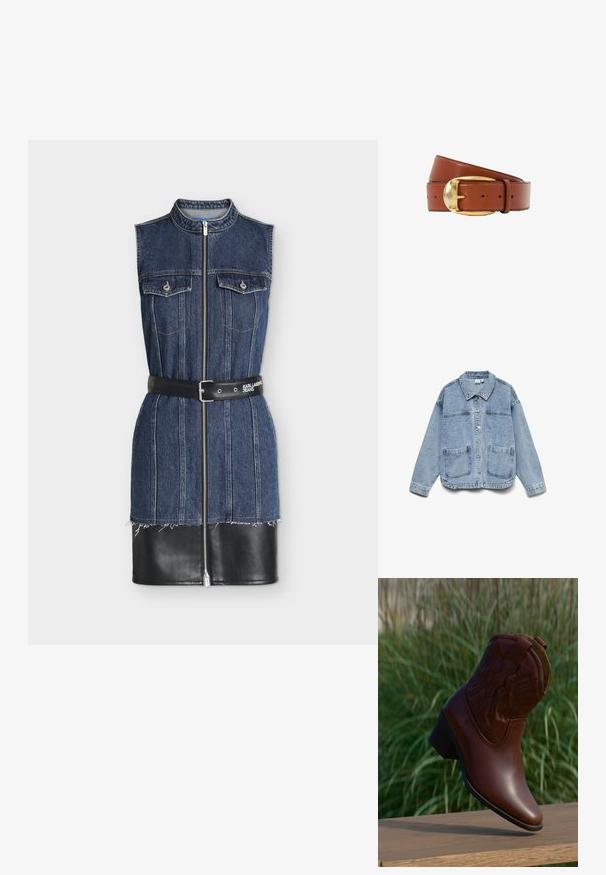 Hellblaue Jeansjacke mit langen Ärmeln, Knopfleiste, Kragen und zwei aufgesetzten Fronttaschen.; Ärmelloses dunkelblaues Jeanskleid mit Frontreißverschluss, Brusttaschen, schwarzem Gürtel und schwarzem Kunstleder-Saumdetail.; Brauner Cowboystiefel aus Leder mit dekorativer Naht, schräg nach oben auf einer Holzoberfläche mit unscharfem grünem Gras im Hintergrund.; Brauner Ledergürtel, zusammengerollt mit runder goldener Schnalle und mehreren Einstelllöchern vor weißem Hintergrund.