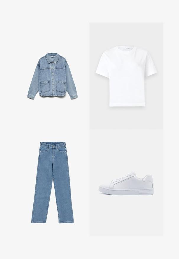 Lyseblå denimjakke med lange ærmer, knaplukning foran, krave og to forlommer.; Hvid kortærmet bomuld t-shirt med rund halsudskæring og lige kant, vist på en hvid baggrund.; Lysblå denimjeans med høj talje, lige ben og forlommer. Har en knaplukning og sølvfarvet hardware.; Hvide læder low-top sneakers med rund tå, flad gummisål og logo detaljer på siden. Har seks par snørrehuller og teksturerede accenter.
