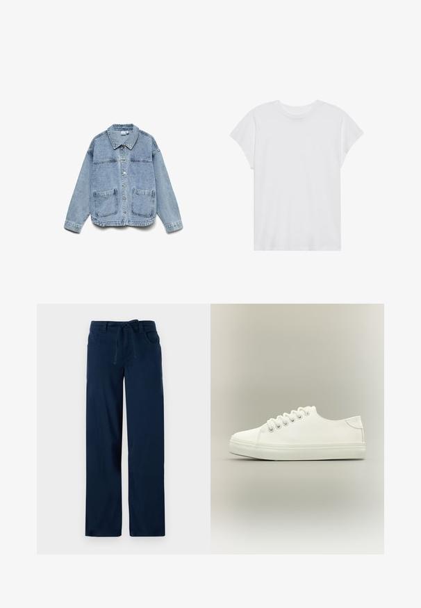 Hellblaue Jeansjacke mit langen Ärmeln, Knopfleiste, Kragen und zwei aufgesetzten Fronttaschen.; Weißes kurzärmliges T-Shirt mit Rundhalsausschnitt, lockerer Passform, aus weichem Baumwollstoff. Glatte Textur, keine Muster oder Logos.; Helleblauwe weite Hosen aus Baumwollmischgewebe, mit einem Kordelzugbund, zwei Fronttaschen und einer glatten Textur.; Weißer Low-Top-Sneaker mit weißen Schnürsenkeln und Gummisohle, seitlich auf neutralem Hintergrund dargestellt.