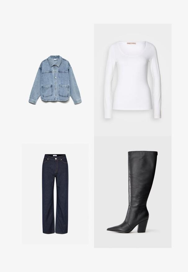 Hellblaue Jeansjacke mit langen Ärmeln, Knopfleiste, Kragen und zwei aufgesetzten Fronttaschen.; Langärmliges, weißes Baumwoll-T-Shirt mit einem U-Ausschnitt und einer figurbetonten Passform, glatter Textur und ohne Verzierung.; Dunkelblaue Weitbeine-Jeans aus Denim mit großen Taschen, kontrastierenden orangen Nähten und einem Knopfverschluss an der Taille.; Schwarze kniehohe Lederstiefel mit spitzem Zehen und klobigem hohen Absatz, von der linken Seitenansicht auf weißem Hintergrund gezeigt.