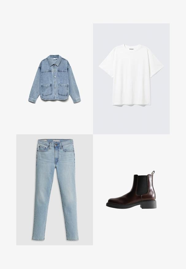 Lyseblå denimjakke med lange ærmer, knaplukning foran, krave og to forlommer.; Hvid T-shirt med korte ærmer og rund halsudskæring med en afslappet pasform og et "WEEKDAY" mærke på indersiden af nakken bagtil.; Lyseblå denimbukser med lige ben, fem-lommer stil og diskret falming ved lårene. Har metalbeslag og syninger.; Brune læder ankelstøvle med elastiske sidepaneler, rund tå og en struktureret sort gummisål. Har kontrasterende syninger og en trækflap.