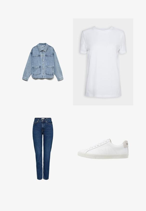 Lyseblå denimjakke med lange ærmer, knaplukning foran, krave og to forlommer.; Simpel hvid T-shirt med korte ærmer og rund hals, normal pasform og et lille indvendigt mærke på nakken med teksten "SELECTED FEMME."; Mørkeblå denimjeans med lige ben, høj talje, fem lommer, lyse syninger og en diskret struktureret finish.; Hvide lædersneakers med en struktureret off-white gummi sål. Funktioner inkluderer snørebånd, diskrete sømme og en grå ruskindsdetalje ved hælen.